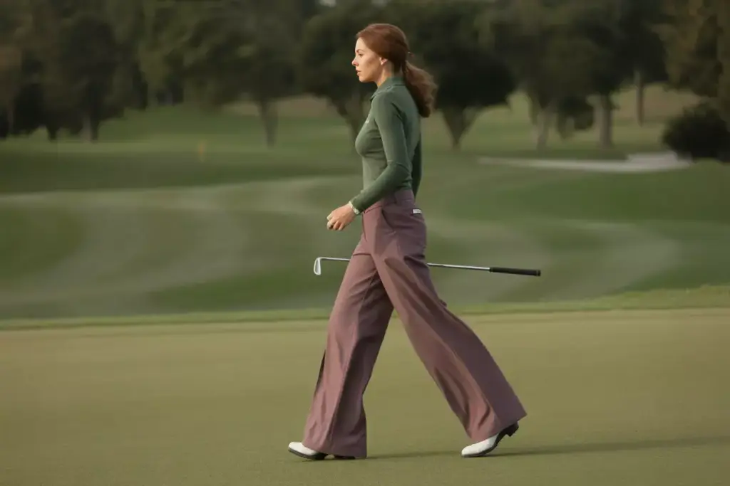 Wide Leg Trouser Golf Pants Flowing Silhouette Golfer Walking Fairway Elegant Drape