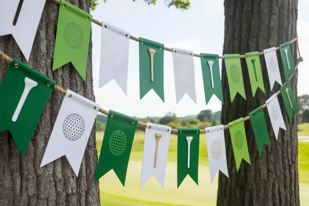 Classic Green And White Triangular Pennant Banner With Golf Tee Spacers Strung Between Trees