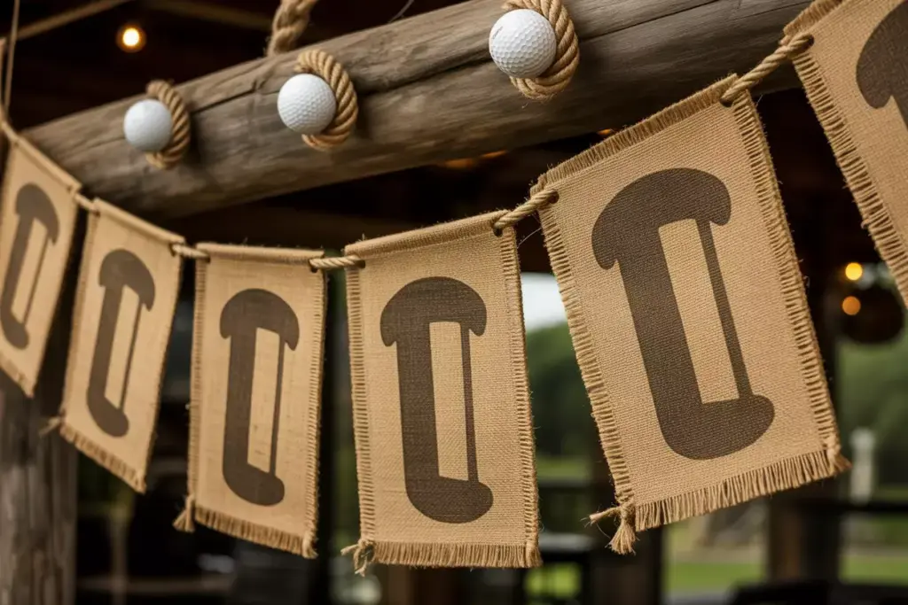 Vintage Burlap Rectangles With Gold Golf Club Silhouettes Connected By Jute Rope