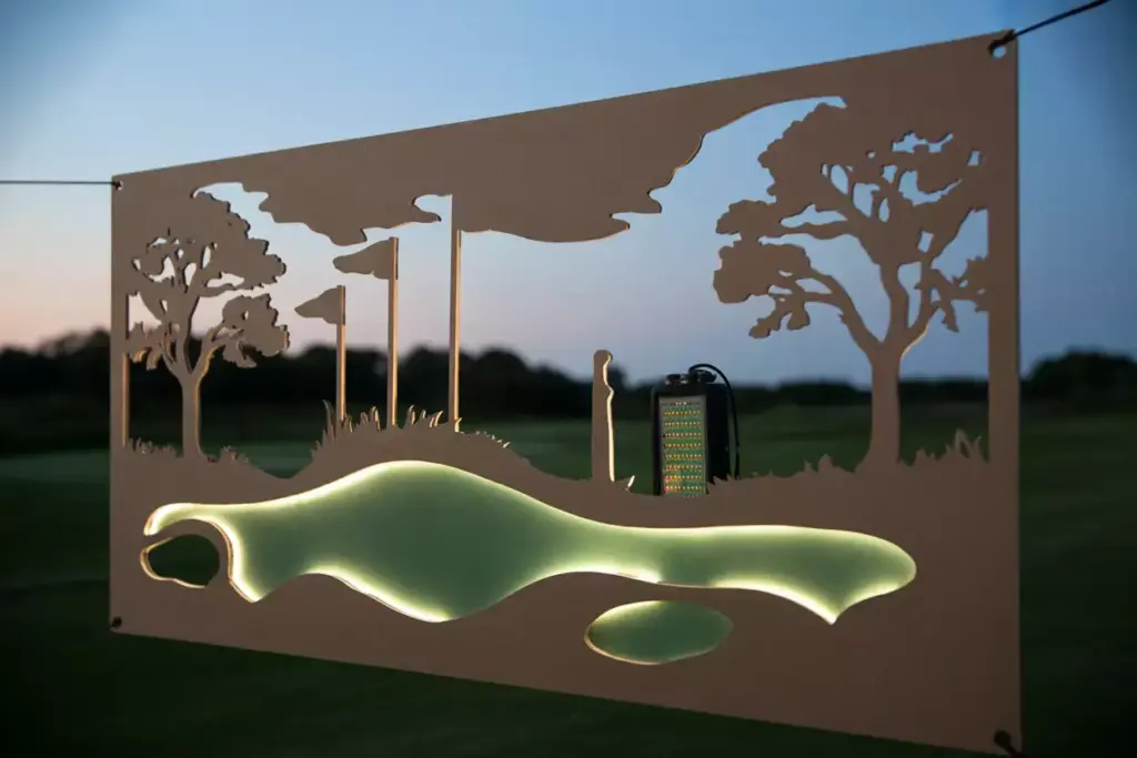Backlit Golf Course Silhouette Banner With Led Lights Glowing At Dusk