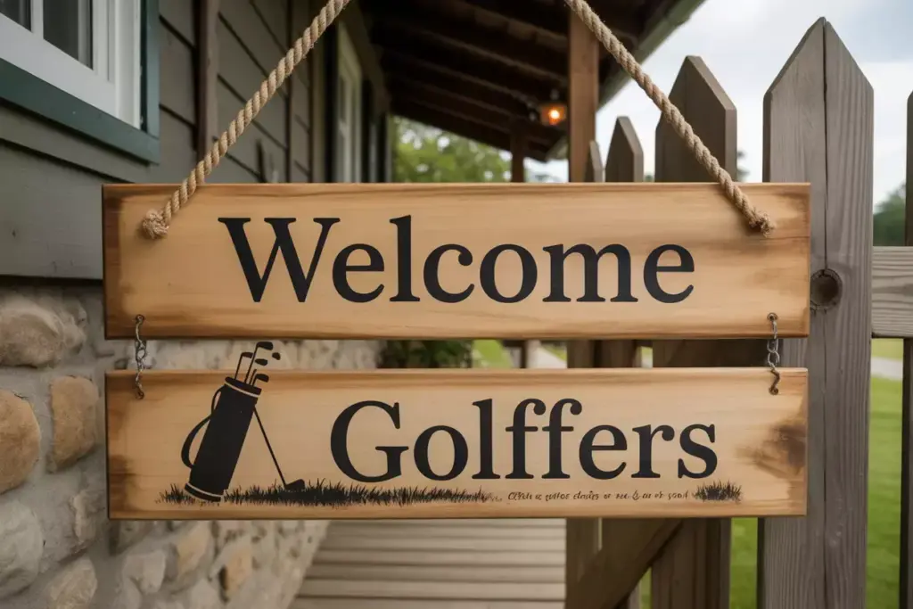 Weathered Wooden Sign With Painted Golf Bag Silhouette And Welcome Message Hung With Rope