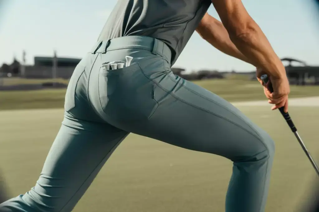 Performance Golf Leggings Compression Fit High Waist Side Pocket Golfer Address Position