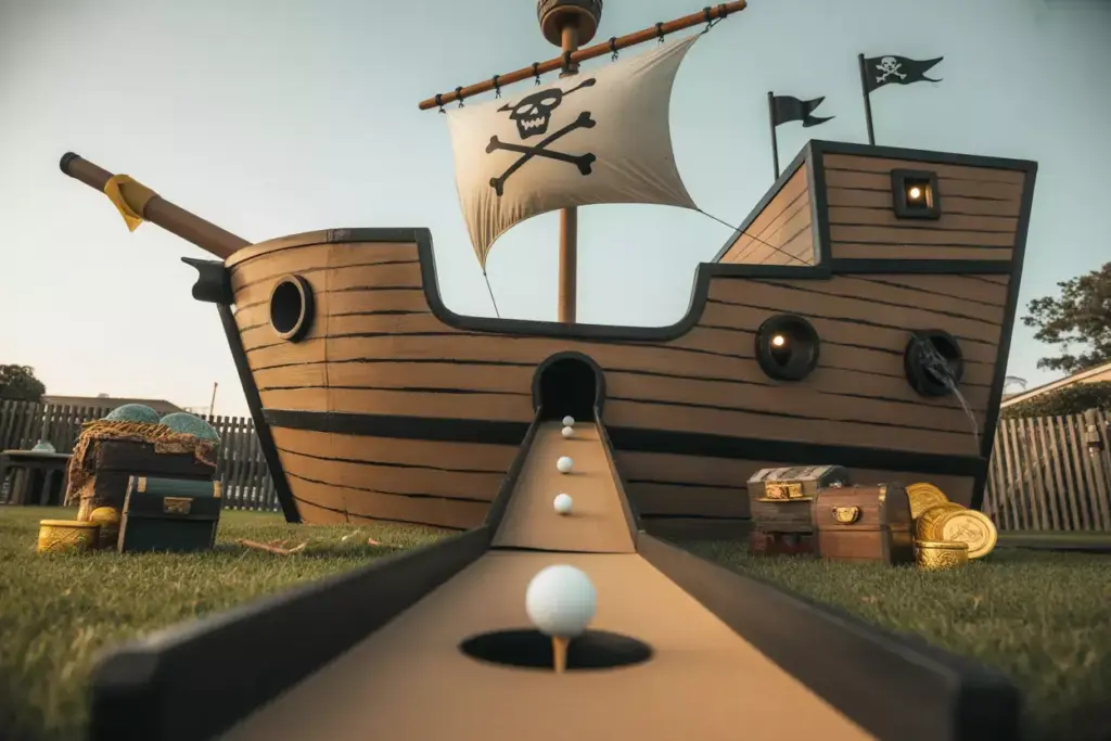 Diy Pirate Ship Mini Golf Hole With Cardboard Ship Led Lights And Cannonball Obstacles In Backyard