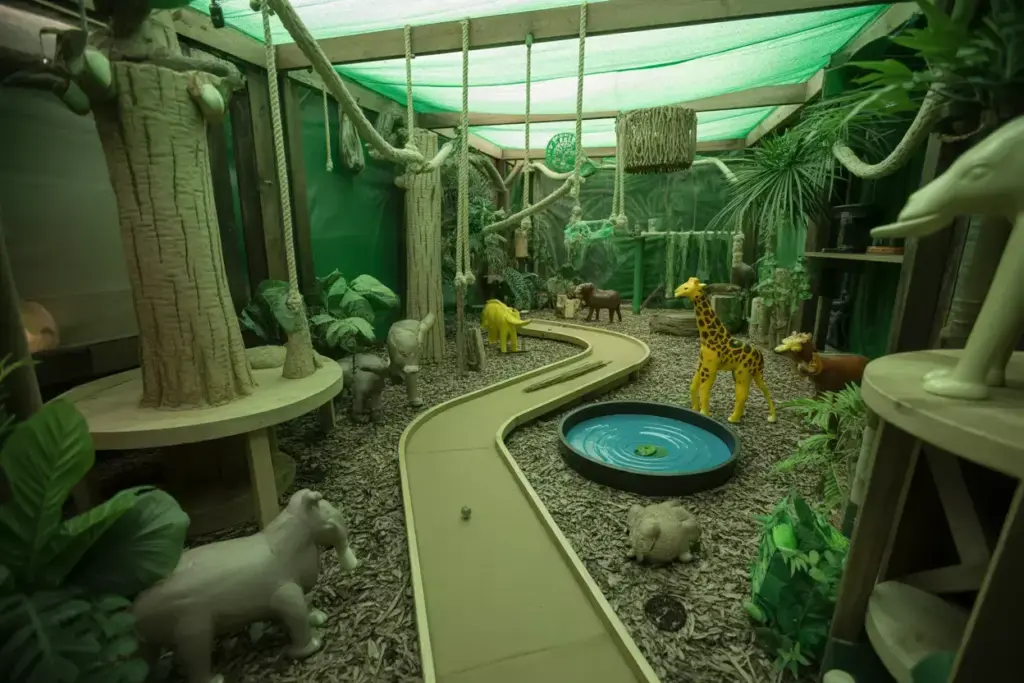 Jungle Safari Mini Golf Hole With Plastic Animals Watering Hole And Artificial Plants