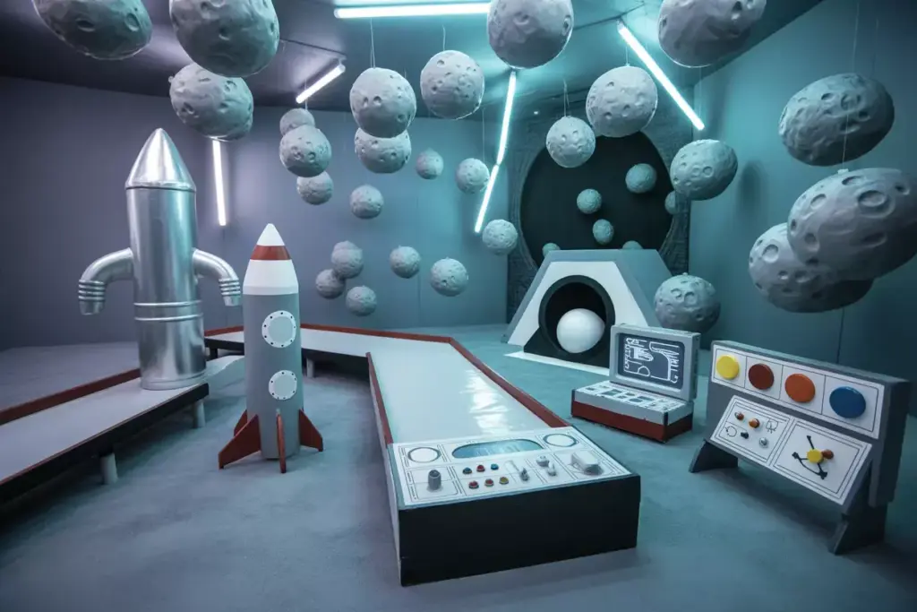 Space Themed Mini Golf Hole With Rocket Control Panel Asteroids And Led Strip Lights