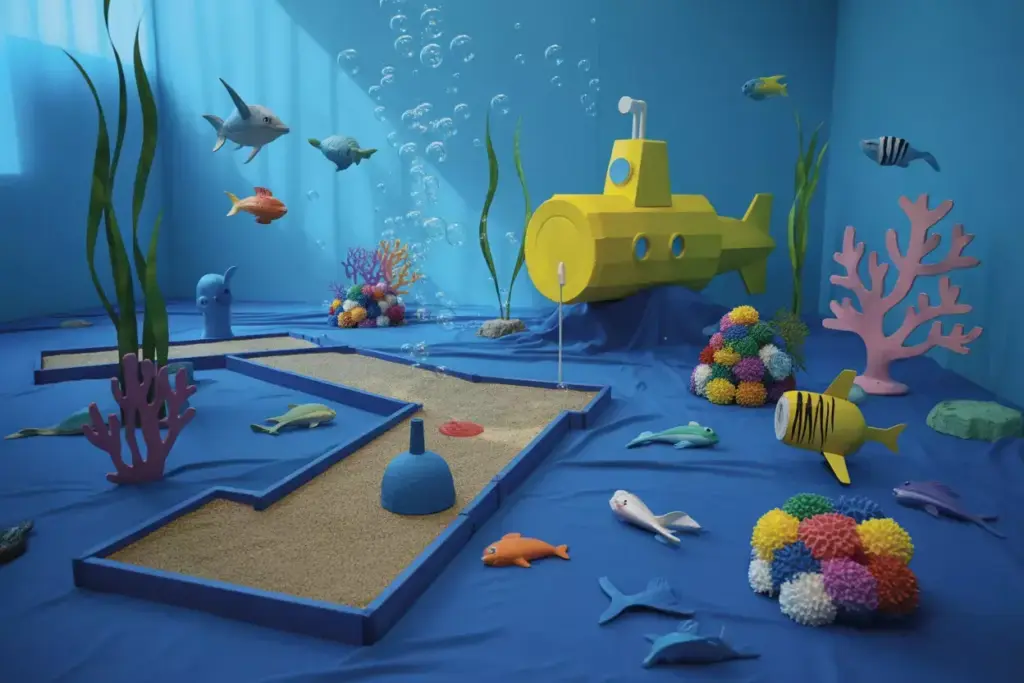 Underwater Ocean Mini Golf Hole With Yellow Submarine Coral Reefs And Sea Creatures