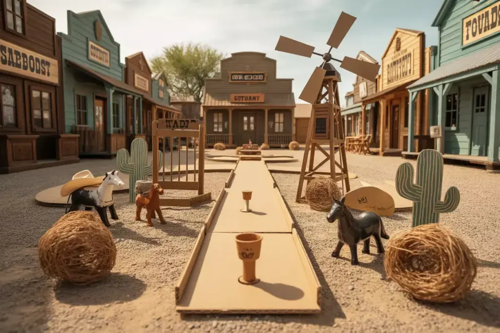 Wild West Mini Golf Hole With Cardboard Town Windmill Tumbleweeds And Cactus
