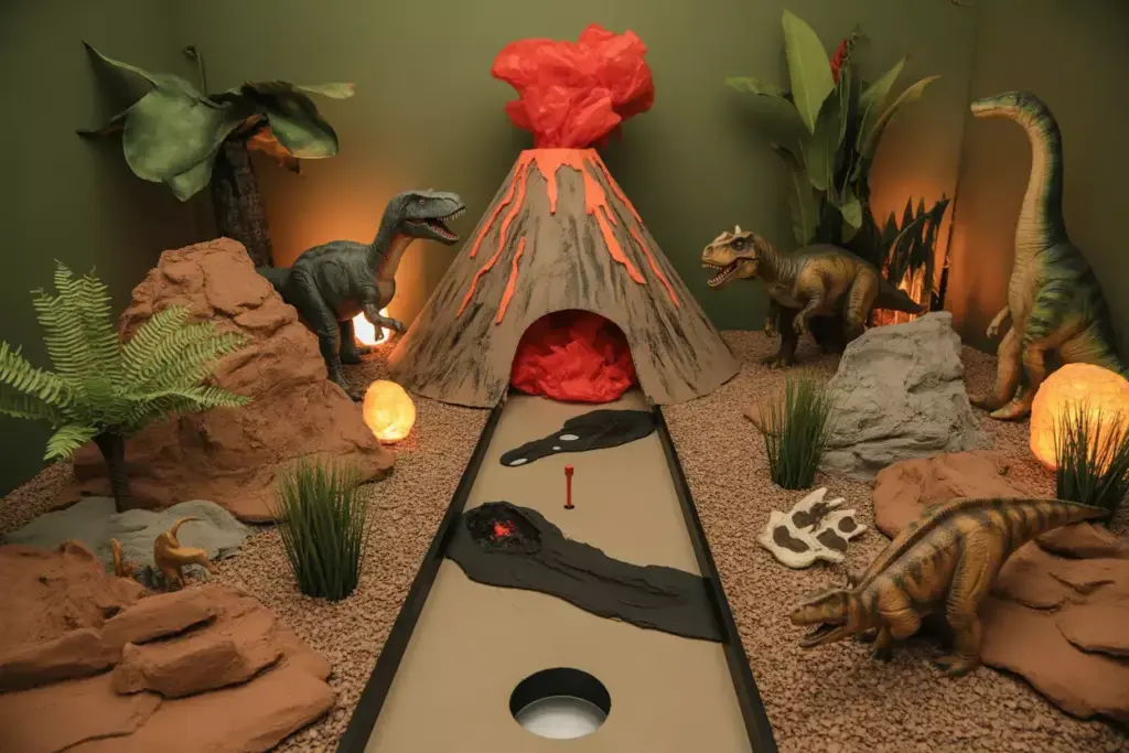 Dinosaur Themed Mini Golf Hole With Volcano Tar Pit And Plastic Dinosaur Figures