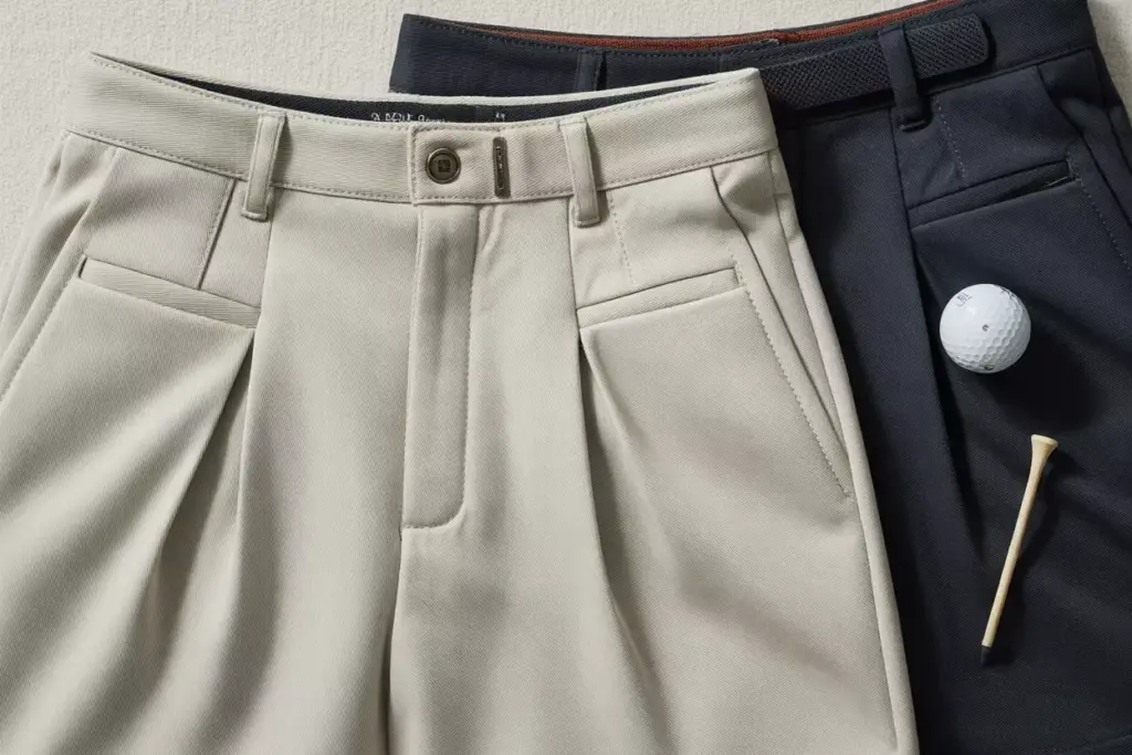 Pleated Golf Shorts Mid Thigh Length Covered Waistband Deep Pockets Laid Flat