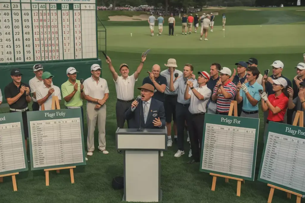 A Professional Golf Tournament Opening Ceremony With Guests Leaderboard And Personalized Profiles On A Sunny Course