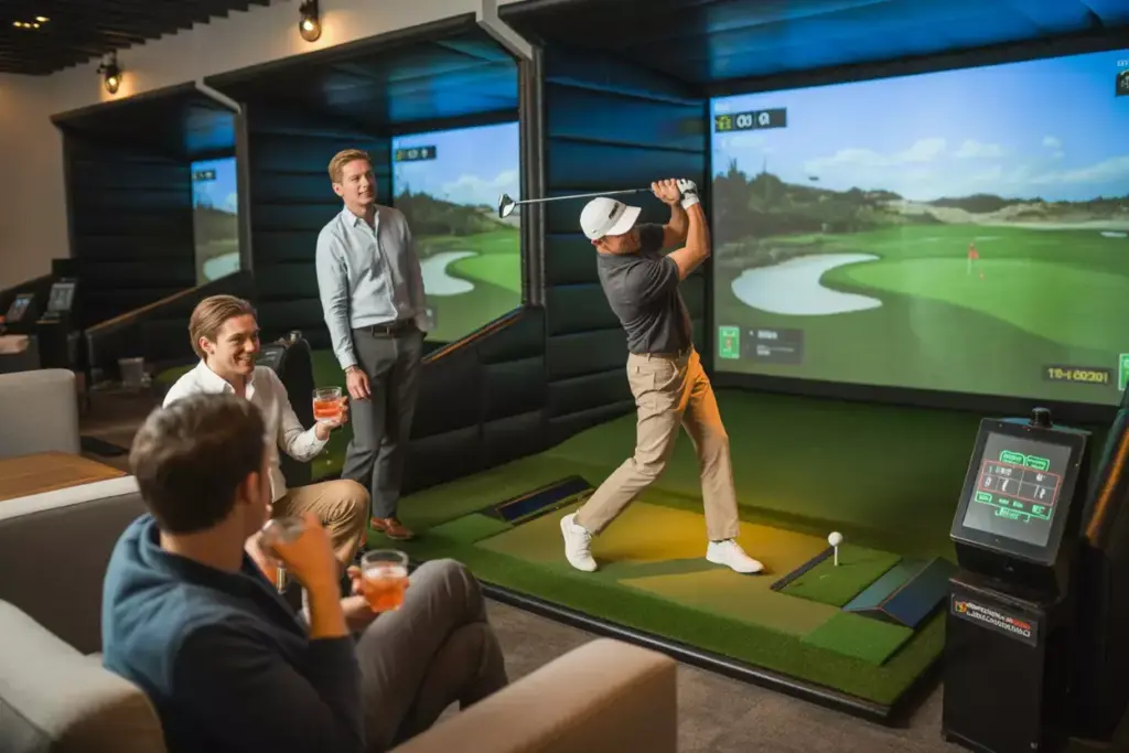 Guests Playing On A High Tech Golf Simulator In A Modern Indoor Party Venue