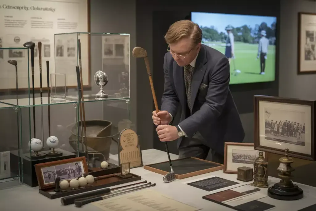A Museum Style Display Of Vintage Golf Equipment And Historical Memorabilia For Guests