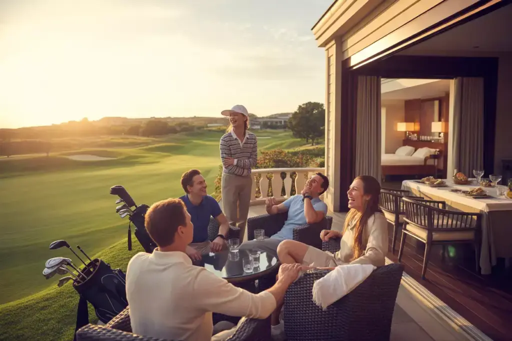 A Group Enjoying A Luxury Golf Reset Retreat With Course Spa And Dining Views