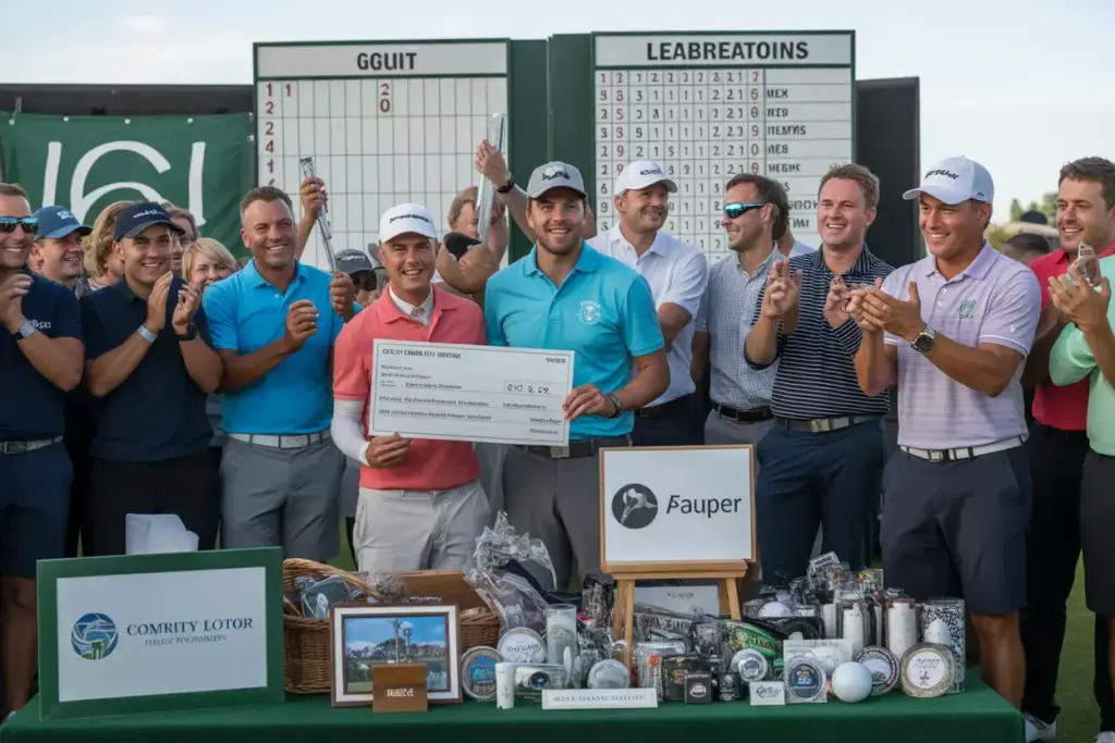 A Charity Golf Tournament Celebration With Check Presentation And Silent Auction Items