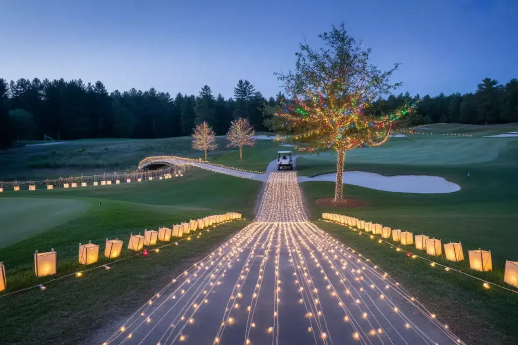 Holiday Light Spectacular On Fairways With Led String Lights Wrapped Trees And Luminarias At Dusk