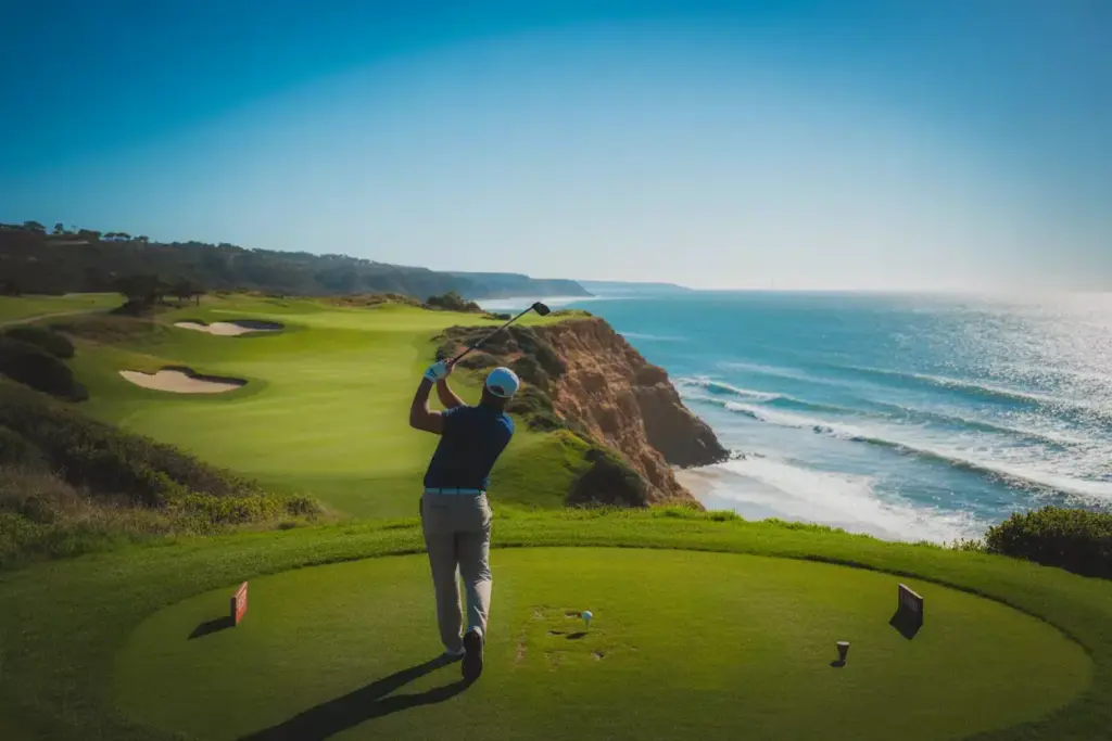 Torrey Pines South Course Golfer Tee Box Dramatic Ocean Bluff Backdrop