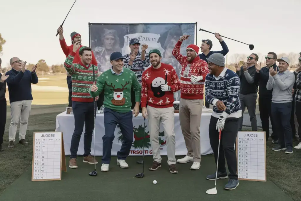 Golfers Showcasing Ugly Holiday Sweaters At A Runway Presentation Area Before Tournament