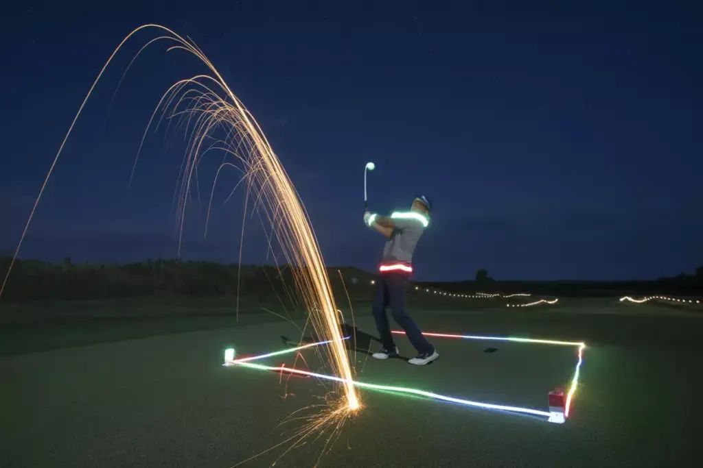 Golfer Hitting Glowing Led Golf Ball At Night With Light Up Clubs And Necklaces Under Stars