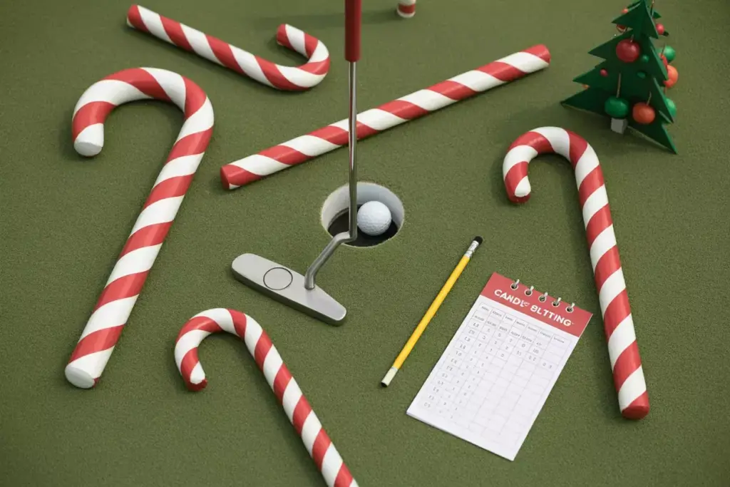 Candy Cane Putting Challenge On Green With Striped Obstacles Around Hole And Putter