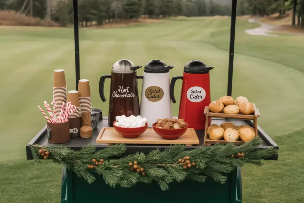 Mobile Hot Chocolate Cart With Marshmallows Peppermint On Golf Course Fairway