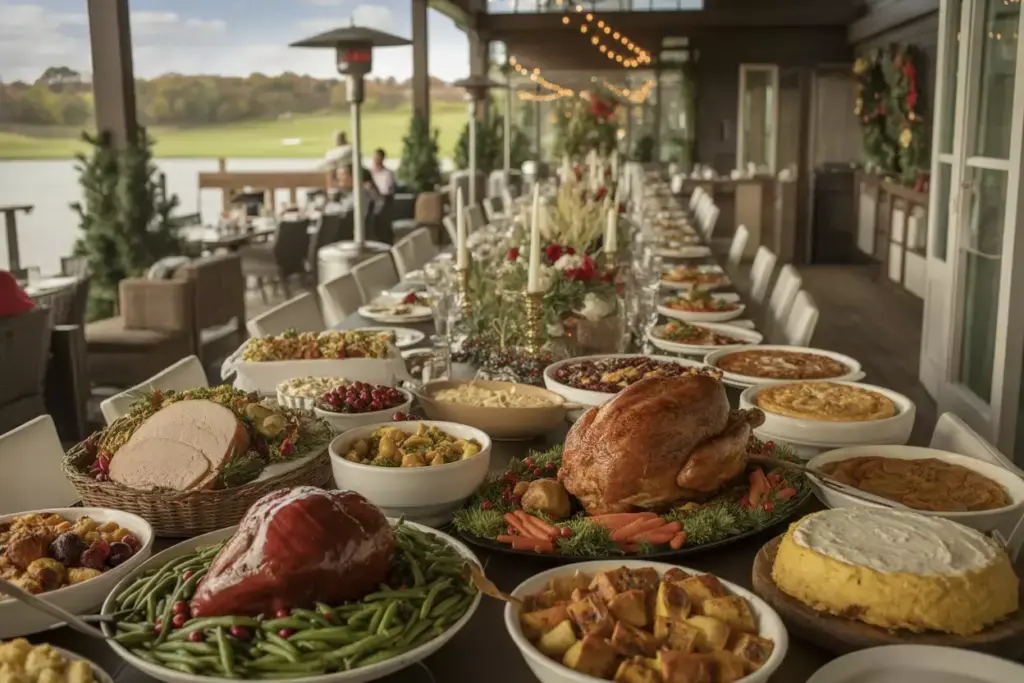 Post Round Holiday Feast Buffet With Turkey Ham Vegetables Under Outdoor Lights
