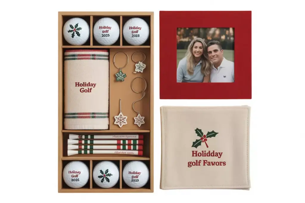 Personalized Holiday Golf Party Favors Including Custom Balls Towel Markers And Tees