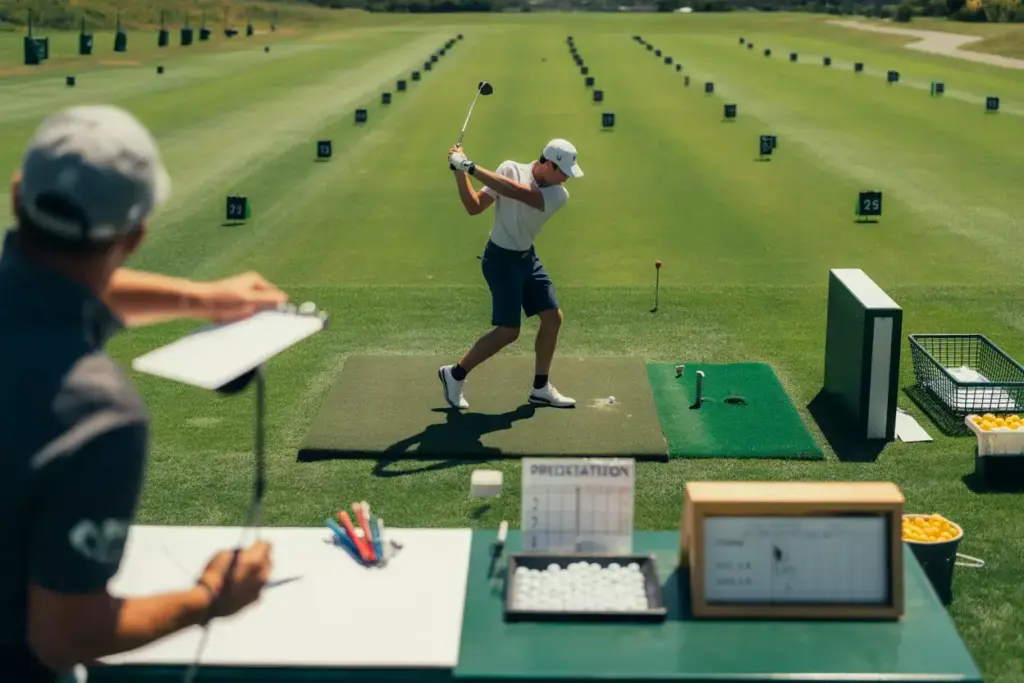 Longest Drive Competition Golfer Swinging On Sunny Driving Range With Professional Distance Markers And Score Table