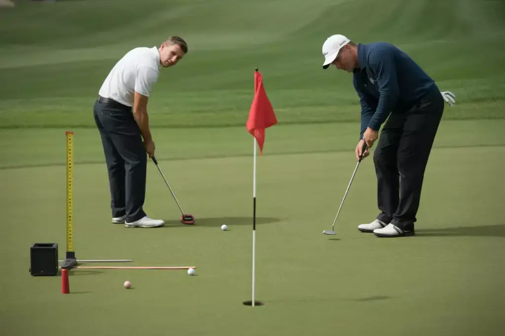 Closest To The Pin Challenge Golfer Putting On Green With Colored Flag And Distance Measuring Tool