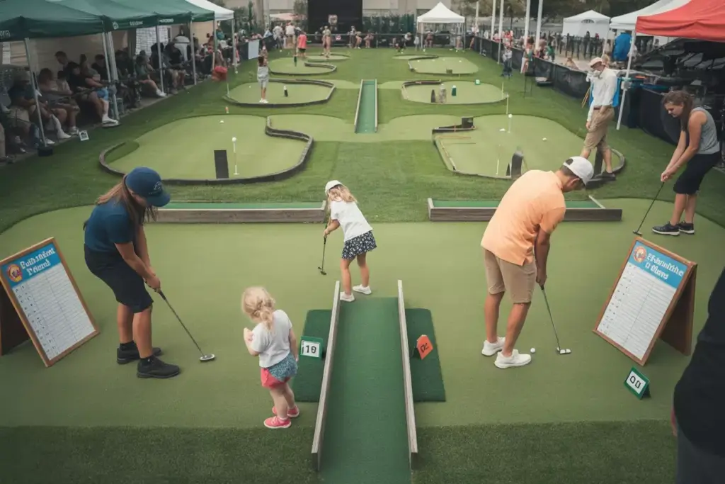 Putting Contest Extravaganza Elaborate Multi Station Putting Green With Obstacles And Diverse Participants