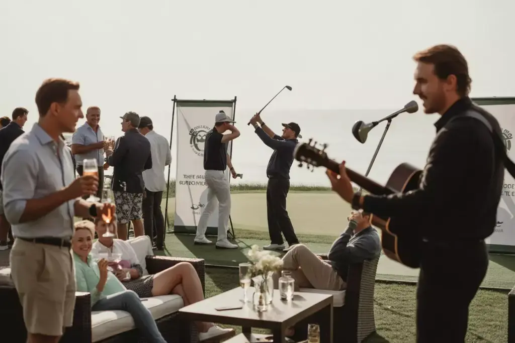 Live Entertainment Music Acoustic Performer And Trick Shot Artist At Golden Hour Cocktail Party