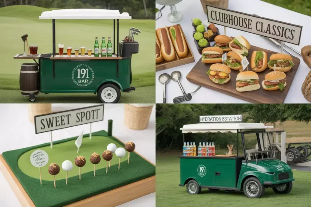 Golf Themed Culinary Stations Nineteenth Hole Bar And Clubhouse Classics Buffet With Memorabilia