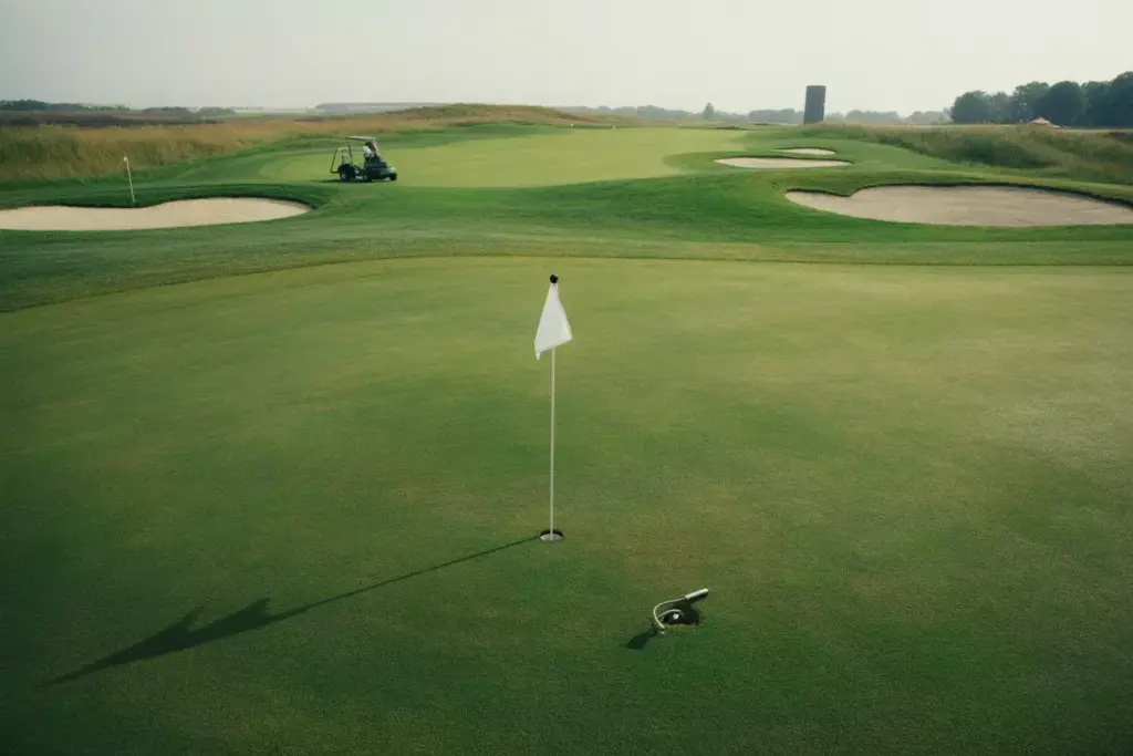Green With Flag Placed Away From Worn Patches Near Sprinkler