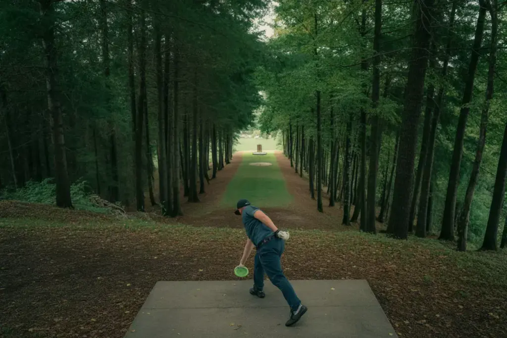 Maple Hill Disc Golfer Teeing Off Narrow Wooded Tunnel Fairway Massachusetts