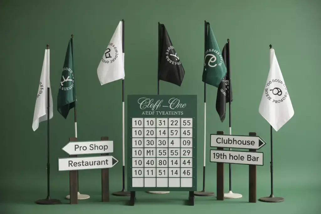 Professional Golf Flags And Directional Signage In Sophisticated Event Space With Hole In One Board