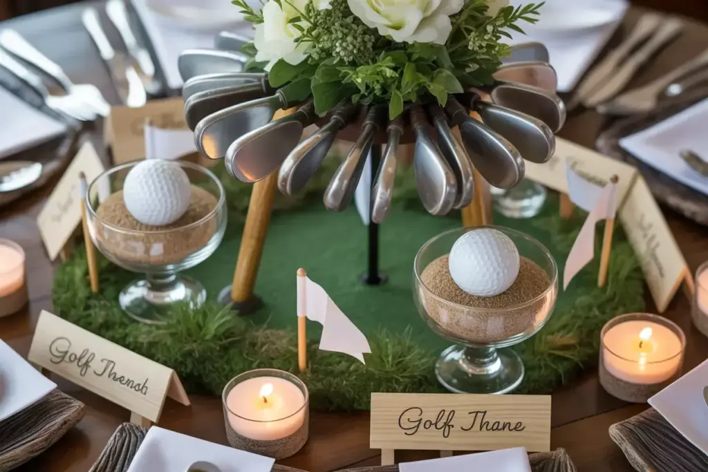 Elegant Golf Ball And Sand Centerpieces With Led Lights And Golf Tee Place Cards On Dining Table