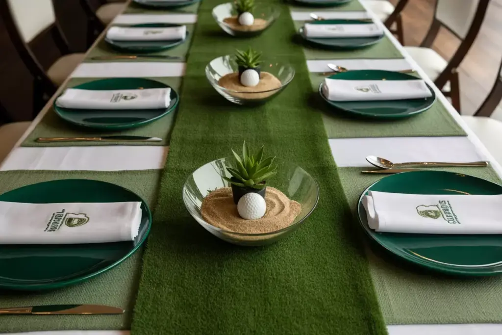 Layered Green Table Linens With Artificial Turf Runner And Sand Trap Centerpiece Bowls