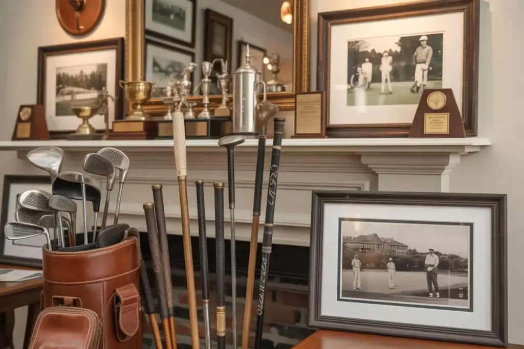Vintage Golf Clubs Leather Bag And Trophies Displayed On Mantel With Framed Photography
