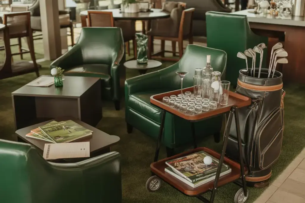 Leather Clubhouse Chairs And Golf Bag Bar Cart In Relaxing Party Lounge Area