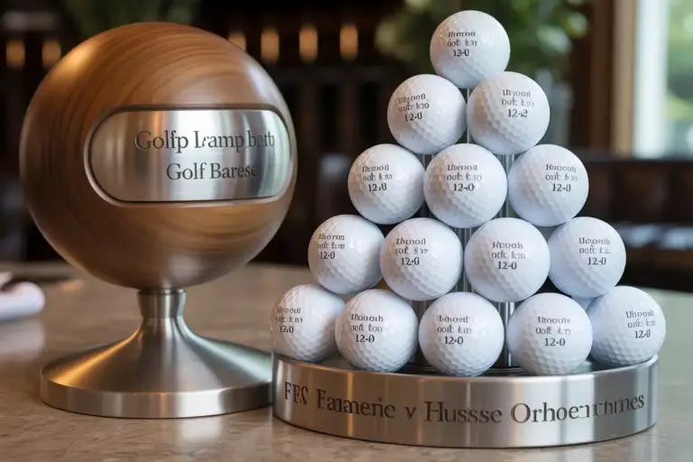 Custom Golf Ball Dispenser With Engraved Nameplate And Personalized Golf Balls On Polished Wood Surface