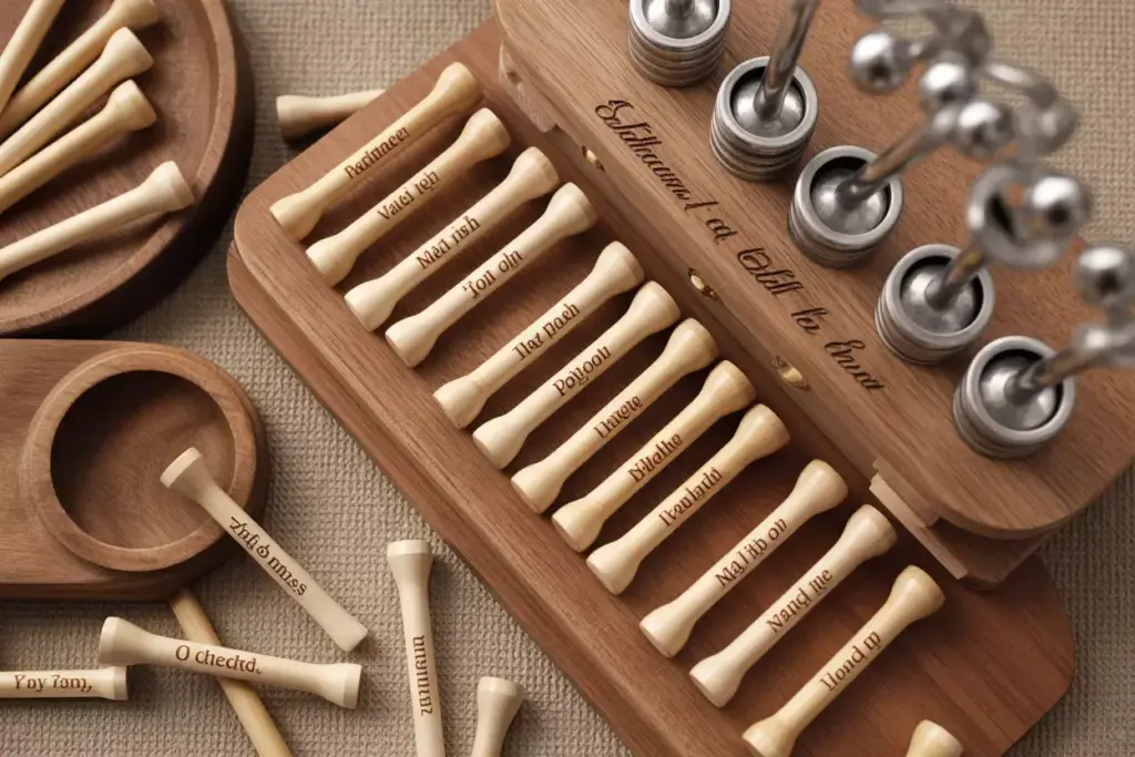 Personalized Hardwood Golf Tees With Laser Engraving In A Tiered Wooden Display Holder Flat Lay