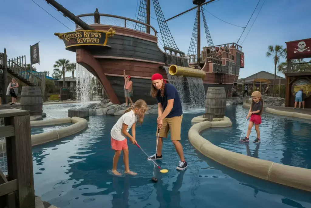 Pirates Island Adventure Golf With Queen Annes Revenge Ship Waterfalls