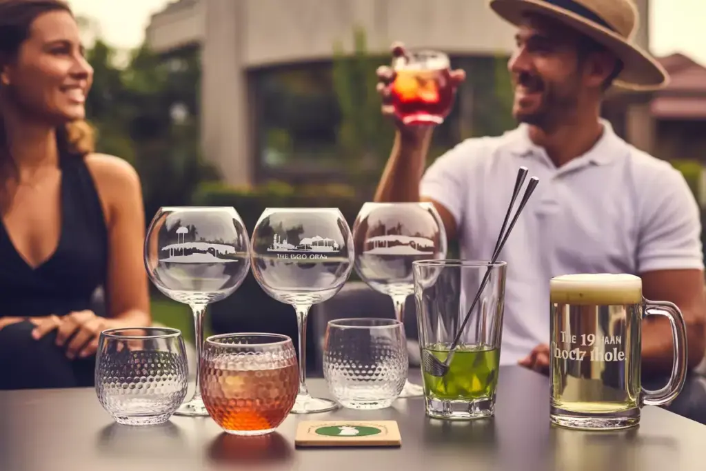 Golf Themed Cocktail Glasses And Drinkware On A Patio Table With Signature Beverages
