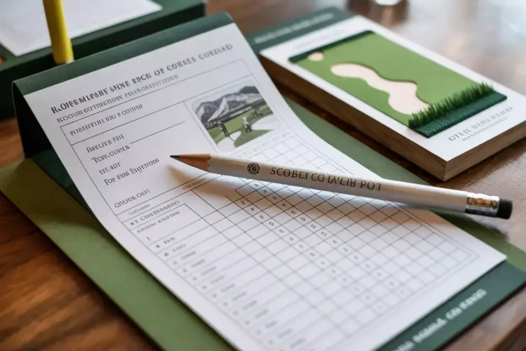 Custom Professional Golf Scorecard And Premium Golf Pencil On Wooden Table Detail Shot