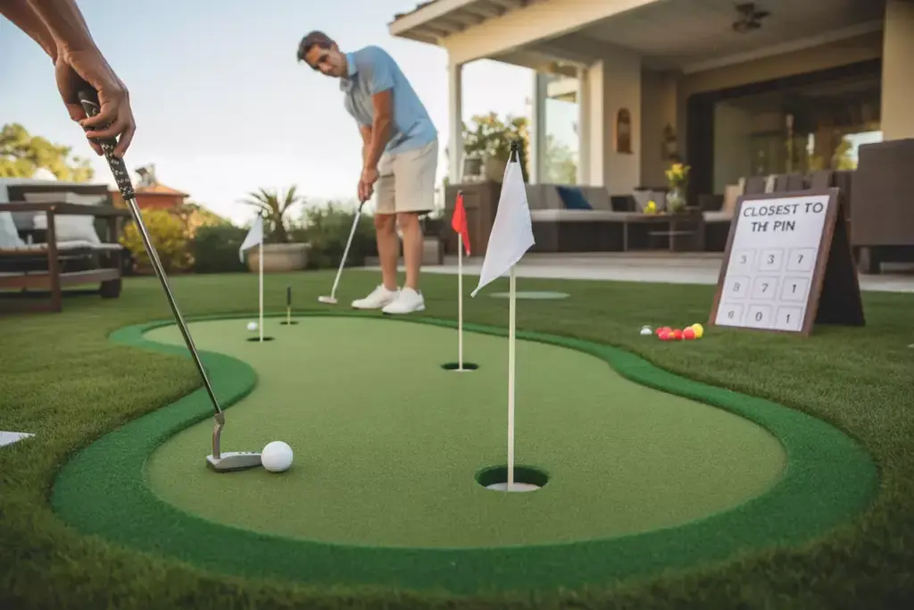 Portable Artificial Turf Putting Green Setup In Backyard With Putter And Golf Balls