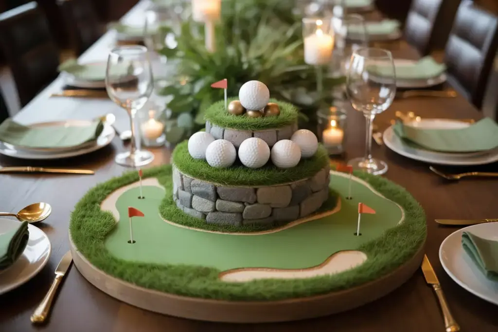 Elegant Low Profile Golf Themed Centerpiece With Miniature Greens And Tees On Dining Table