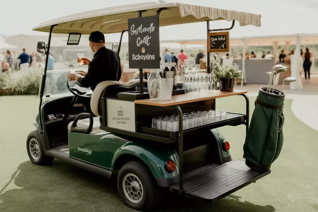 Converted Golf Cart Mobile Bar With Serving Station And Custom Signage At Outdoor Party