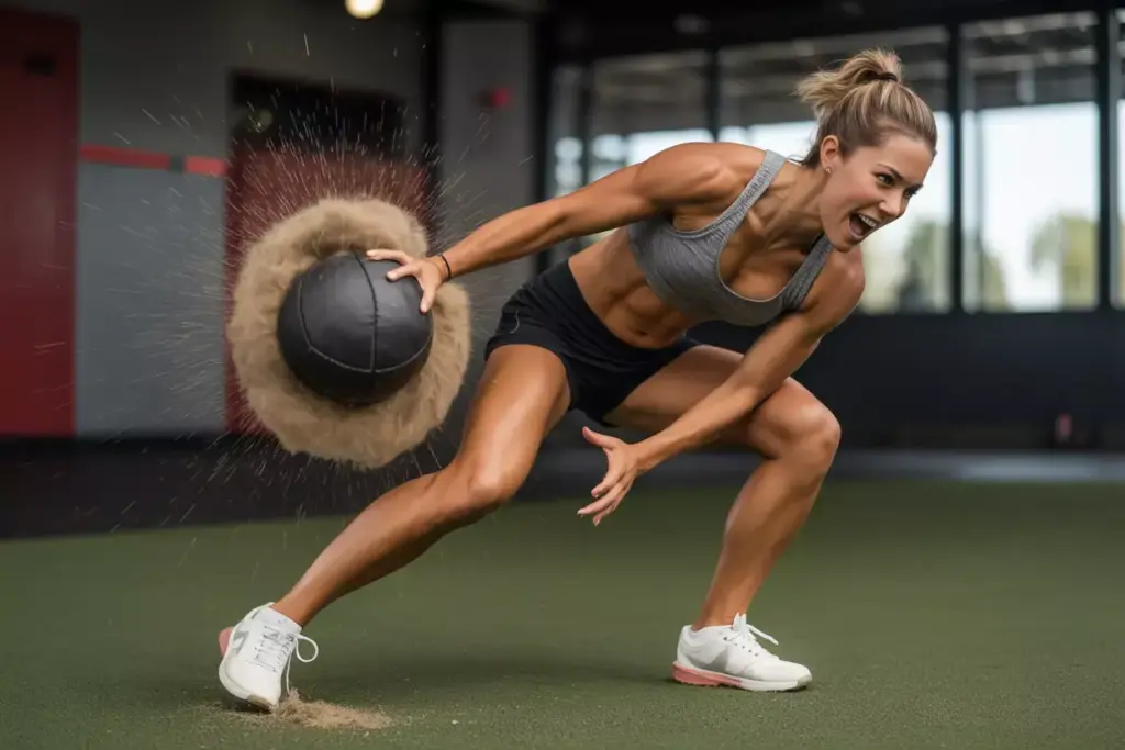 A Female Golfer Explosively Slamming A Medicine Ball To The Ground In A Gym To Build Rotational Power