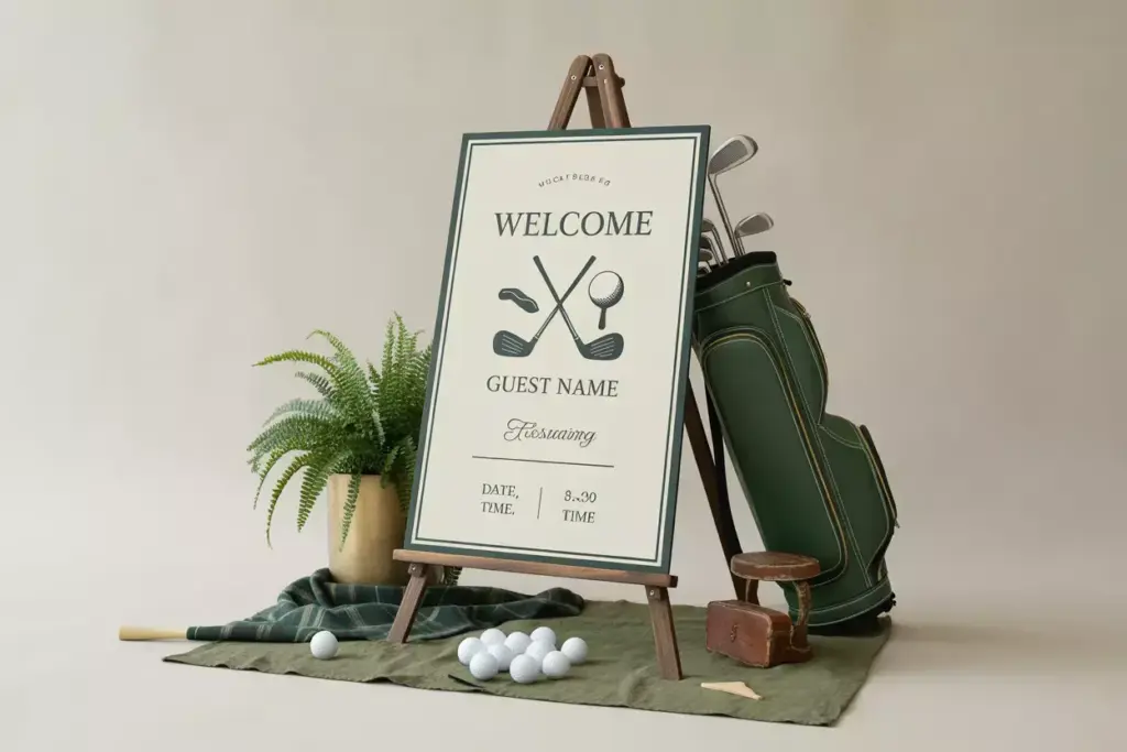A Professional Golf Themed Welcome Sign With Crossed Clubs And Elegant Typography Displayed On An Easel With Decorative Props