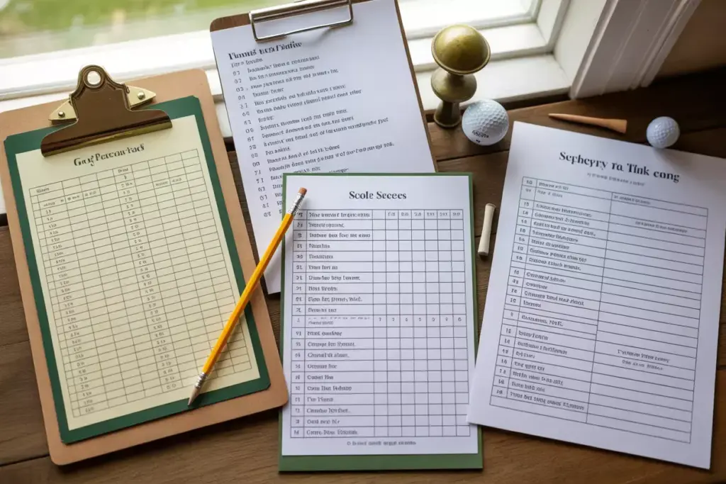 A Flat Lay Of Printed Golf Scorecards Trivia Sheets And Pencils Ready For Party Guests To Use