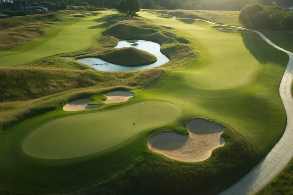 Aerial View Of Dogleg Fairway With Cross Bunkers And Elevated Green
